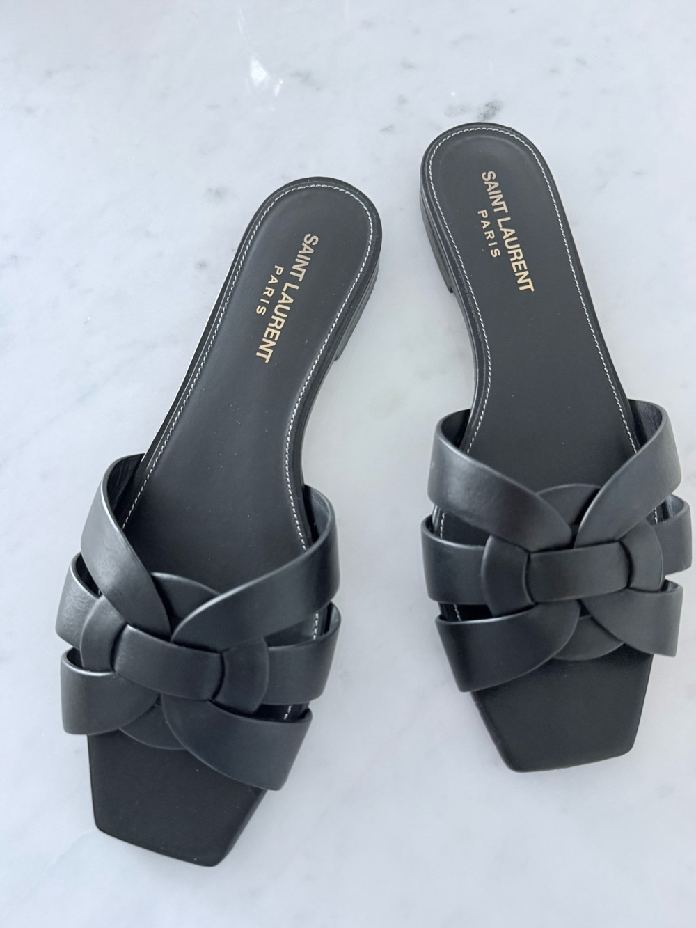 Saint Laurent Black Leather Tribute Flat Slide Sandals -7.5